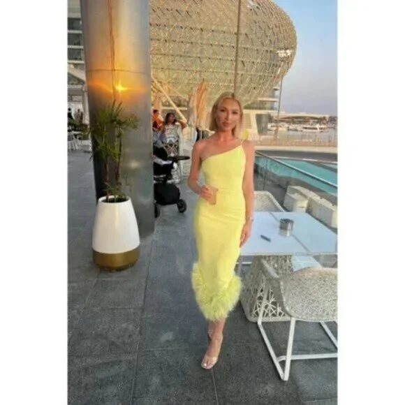 HOUSE OF CB Alessia Asymmetric Feather Trim Midi Dress in Lime Size X-Small - Picture 16 of 16